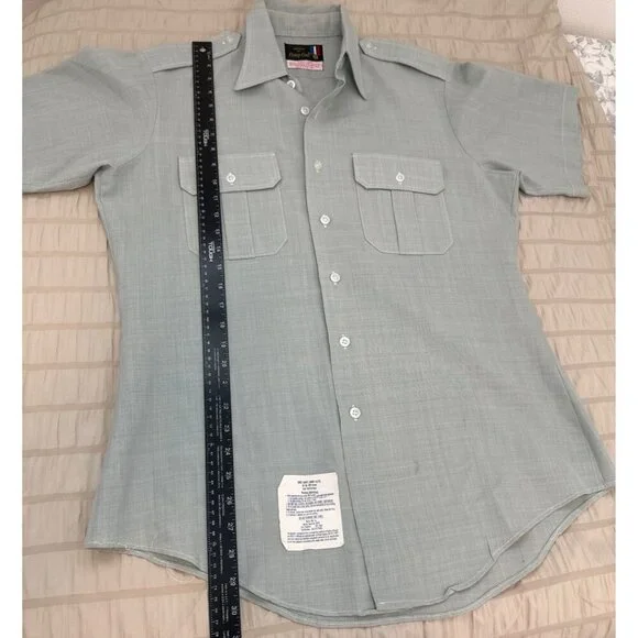 Vintage Men's FLYING CROSS Uniform Shirt - Green Short Sleeve Size Small 10 1/2 - Picture 9 of 11